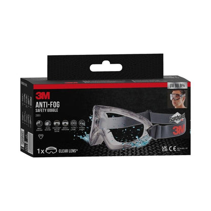A black-red box of the 3M™ Safety Glasses 2891 with Scotchgard™ Anti-Fog, indirect ventilation, clear lens, UV protection, and a photo of a person wearing the safety glasses from 3M Deutschland GmbH is depicted.