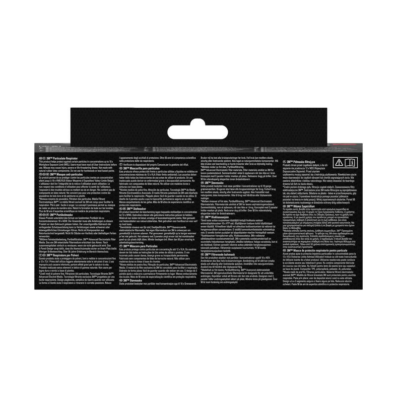 The image shows the back of a 3M™ Cool Flow™ Particulate Respirator 8833, FFP3, with valve, 2-pack from 3M Deutschland GmbH, with multilingual instructions and safety information in dense white text on mostly black packaging.