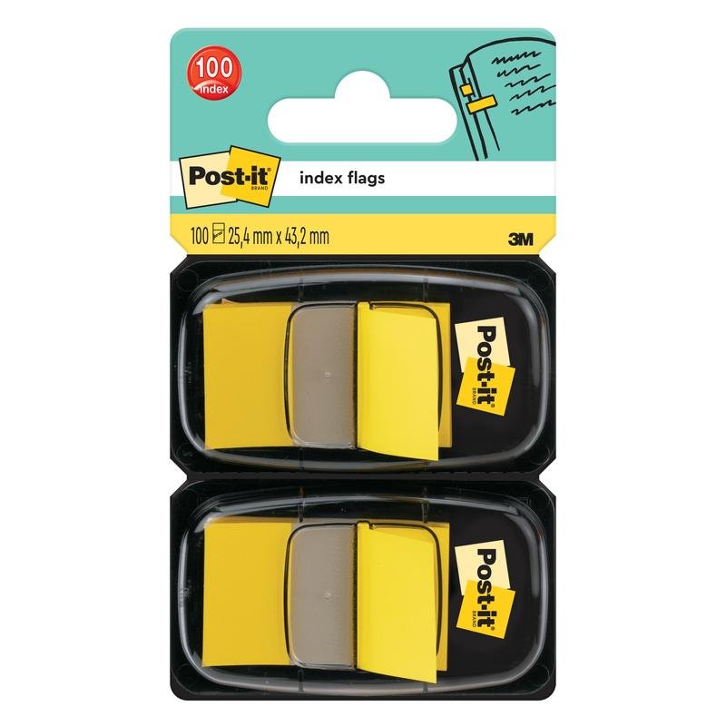 A pack of Post-it® Index Tabs from 3M Deutschland GmbH contains two dispensers with 50 yellow standard flags each (25.4 mm x 43.2 mm), totaling 100 flags.