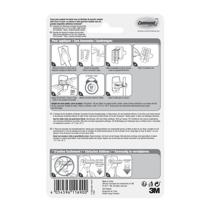 The back of a Command™ broom holder, 17007-FR packaging from 3M Deutschland GmbH, shows a pictorial, multilingual instruction for attaching and removing the holder with Command adhesive strips. Diagrams guide step by step through the assembly and disassembly.
