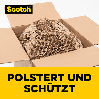 A box filled with Scotch™ Cushion Lock™ protective packaging (30.4 cm x 9.14 m, 1 roll/package) from 3M Deutschland GmbH protects delicate items; under the Scotch logo, it says in yellow letters "Cushions and protects."