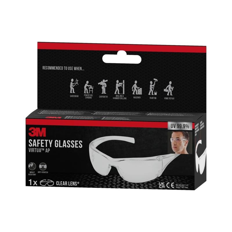 A can of 3M™ Virtua™ Safety Glasses AP, clear lens from 3M Deutschland GmbH offers 99.9% UV protection and is ideal for gardening, construction, and DIY, as depicted on the packaging.