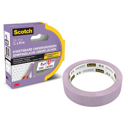 A roll of Scotch® painter's masking tape for delicate surfaces (24 mm x 41 m) from 3M Deutschland GmbH in PEFC-certified packaging, with 3M logo, PEFC label, and product information in multiple languages.