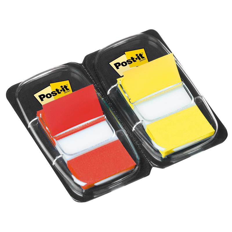 Pictured are two packs of 3M Post-it® Index Tabs (25.4 mm x 43.2 mm, 50 per dispenser) - one with red and one with yellow flags, each in a black plastic dispenser with a transparent lid and yellow Post-it logo.