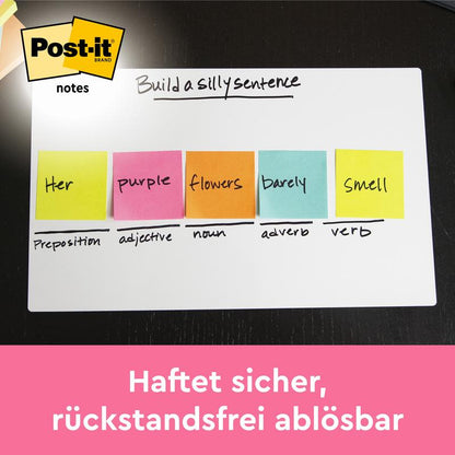 A whiteboard shows "Your purple flowers barely smell" with colorful Post-it® Notes (Pink, 76x76mm, 100 sheets/block, 6 blocks/pack, 3M Deutschland GmbH). Top left: Post-it Notes Logo. Bottom: "Sticks securely, removes cleanly."