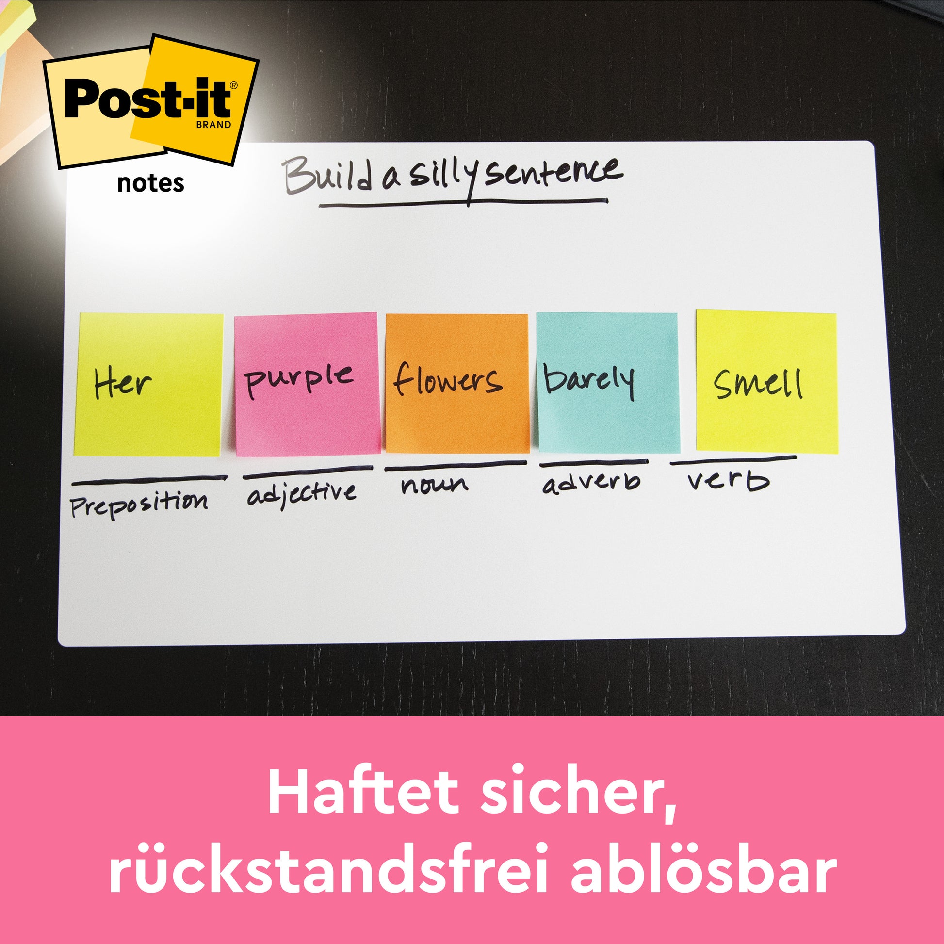 Auf einem Whiteboard befinden sich fünf bunte Post-it® Z-Notes (76x76 mm, Neonfarben, 3M Deutschland), auf denen jeweils ein Wort und dessen grammatikalische Kategorie steht. Darunter steht: "Haftet sicher, rückstandsfrei ablösbar." Die Packung enthält 6 Blöcke à 100 Blatt.