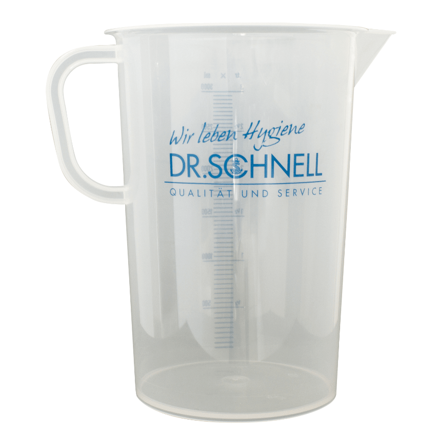 The DR.SCHNELL measuring cup dosing aid from DR.SCHNELL GmbH & Co. KGaA is a clear plastic measuring cup with a handle, spout, blue "Dr. Schnell" lettering, and vertical scale, depicted empty and upright on a white background.