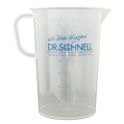 The DR.SCHNELL measuring cup dosing aid from DR.SCHNELL GmbH & Co. KGaA is a clear plastic measuring cup with a handle, spout, blue "Dr. Schnell" lettering, and vertical scale, depicted empty and upright on a white background.
