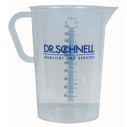The Dr. Schnell DR.SCHNELL measuring cup from DR.SCHNELL GmbH & Co. KGaA is a transparent plastic dosing aid with a handle, spout, and blue marking for precise dosing of cleaning agents; "DR. SCHNELL QUALITY AND SERVICE" is printed on the side.