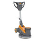 The TASKI ergodisc 400 from Diversey Deutschland GmbH & Co. OHG is a gray-orange high-speed scrubber (400 RPM) with a round bristle head, handle, and power cord - ideal for spray cleaning and polishing. Packaging: 1 piece.