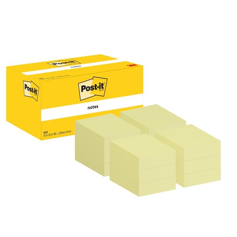 A yellow Post-it® note pad box (38 x 51 mm, 100 sheets/block, 12 blocks/package) from 3M Deutschland GmbH is pictured next to six stacks of light yellow notes - ideal for any office supply needs.