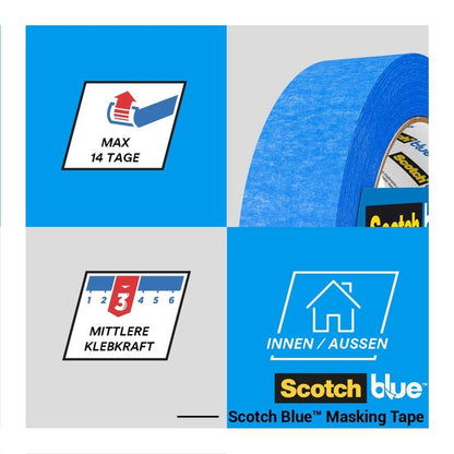 Depicted is a roll of 3M Deutschland GmbH ScotchBlue™ Painter's Tape "Multi-Surface" with symbols for up to 14 days of use, medium adhesive strength, and suitability for indoor and outdoor applications.