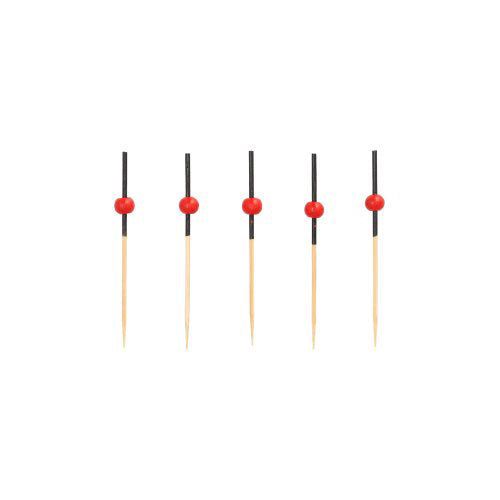 Five PAPSTAR 250 finger food picks from PAPSTAR GmbH, made of wood with black sleeves and red beads, arranged vertically in a row against a white background.