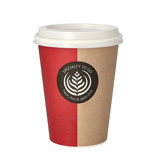 The Starpak 10 To Go drinking cup is a disposable paper coffee cup with a white plastic lid, featuring a red-brown split design and a black "SPECIALTY TO GO" label with cup and leaf illustration.