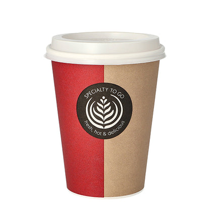 The Starpak 10 To Go drinking cup is a disposable paper coffee cup with a white plastic lid, featuring a red-brown split design and a black "SPECIALTY TO GO" label with cup and leaf illustration.