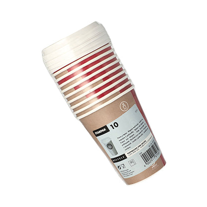A stack of 10 Starpak "To Go" paper cups with lids, with red and brown stripes, is wrapped in foil and carries a Starpak label with barcode and recycling information.