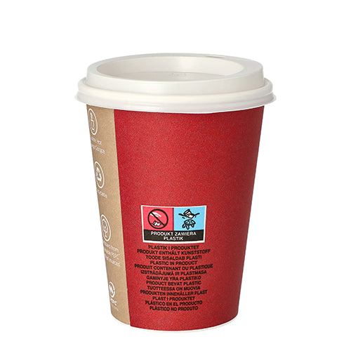A red Starpak 10 To Go drinking cup, paper coffee cup with white plastic lid, brown side panel with symbols and multilingual label for the plastic content, depicted against a plain white background.