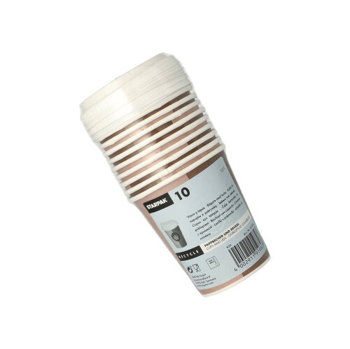 A pack of 10 Starpak "To Go" paper cups with lids, brown-white striped, is wrapped in plastic foil and equipped with a product information label and a barcode. Brand: Starpak; Product: Starpak 10 drinking cup, paper with lid, PS "To Go".