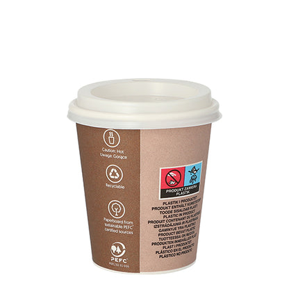 A brown Starpak 10 drinking cup, paper with lid, PS "To Go" cup with white plastic lid stands on a plain white background and displays recycling symbols, warnings, and product information on the side.