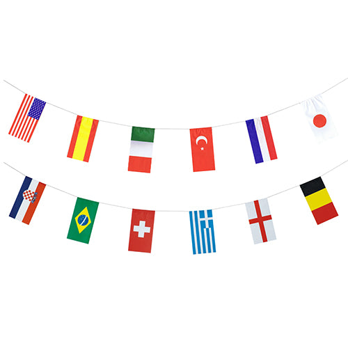 Two PAPSTAR paper flag garlands (10 m, flame retardant) with 32 nations, including the USA, Spain, and Japan, hang in front of a white background. Decorative and flame retardant for more safety from PAPSTAR GmbH.