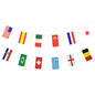 Two PAPSTAR paper flag garlands (10 m, flame retardant) with 32 nations, including the USA, Spain, and Japan, hang in front of a white background. Decorative and flame retardant for more safety from PAPSTAR GmbH.