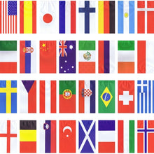 The PAPSTAR paper flag garland (10 m, flame retardant) from PAPSTAR GmbH features 32 unique national flags with vibrant colors and patterns, inspired by 32 nation designs, arranged on a white background.