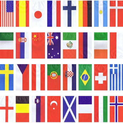 The PAPSTAR paper flag garland (10 m, flame retardant) from PAPSTAR GmbH features 32 unique national flags with vibrant colors and patterns, inspired by 32 nation designs, arranged on a white background.