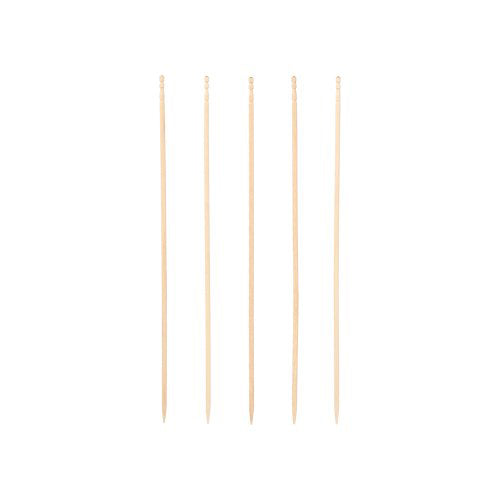 Five PAPSTAR Fingerfood-Picker "pure" skewers (15 cm, elegant, turned wood) from PAPSTAR GmbH are arranged vertically on a white background. Each of the environmentally friendly skewers has a pointed end and a small loop at the top end.