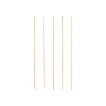 Five PAPSTAR Fingerfood-Picker "pure" skewers (15 cm, elegant, turned wood) from PAPSTAR GmbH are arranged vertically on a white background. Each of the environmentally friendly skewers has a pointed end and a small loop at the top end.
