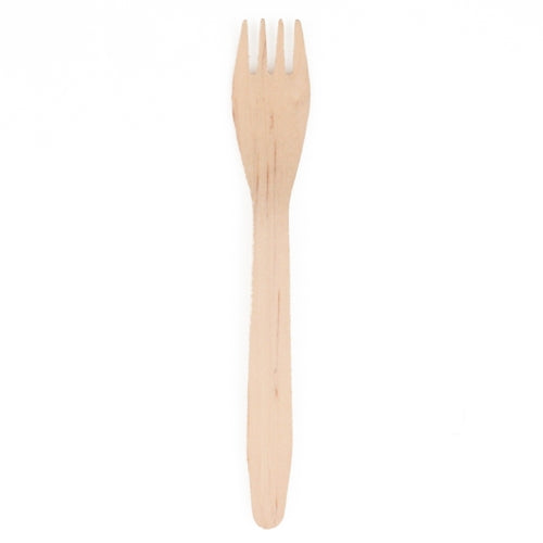A single PAPSTAR wooden fork "pure" (16.5 cm, eco-friendly and sturdy) from PAPSTAR GmbH with four prongs is seen against a white background.