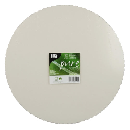 Depicted is a set with 10 round, white PAPSTAR cake plates made of environmentally friendly cardboard. Each plate has a wavy edge and is marked with the green-white "Papstar Pure" label. The background is plain white.