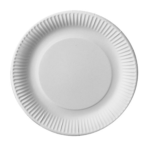 A 29 cm large PAPSTAR GmbH "29 50 Plate, cardboard 'pure' round - white" paper plate with a fluted edge is depicted empty on a white background, seen from above.