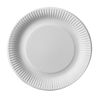 A 29 cm large PAPSTAR GmbH "29 50 Plate, cardboard 'pure' round - white" paper plate with a fluted edge is depicted empty on a white background, seen from above.