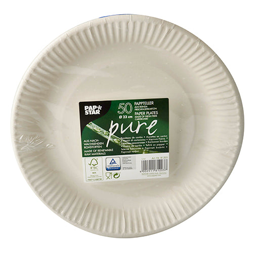 A stack of white, round, eco-friendly paper plates from PAPSTAR GmbH is shown in plastic packaging. The label reads "29 50 Plate, cardboard 'pure' round - white" and displays certification symbols for sustainability.