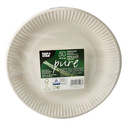 A stack of white, round, eco-friendly paper plates from PAPSTAR GmbH is shown in plastic packaging. The label reads "29 50 Plate, cardboard 'pure' round - white" and displays certification symbols for sustainability.