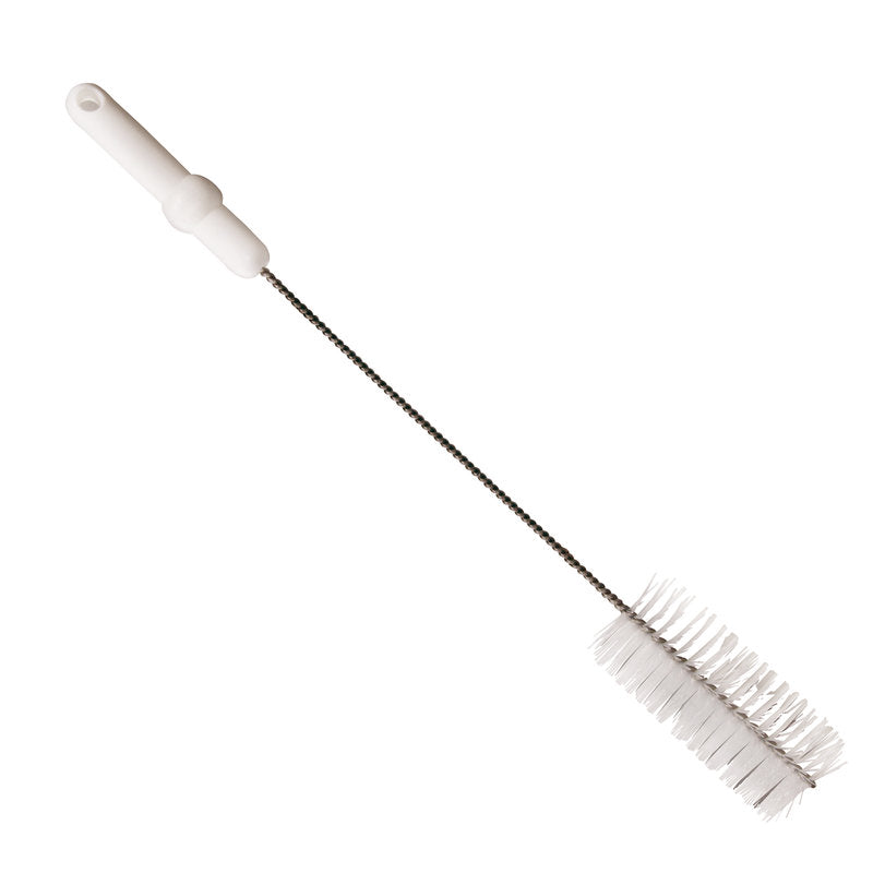 The Haug Bürsten KG tube brush PBT medium 500 x Ø60 mm, here with a white handle and cylindrical bristles, is ideal for cleaning bottles or narrow containers. Available in various colors.