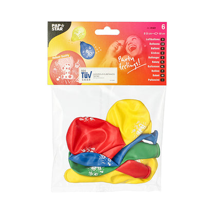 Die Packung der PAPSTAR GmbH enthält sechs farbig sortierte Zahlenluftballons (Ø 25 cm) in den Farben Rot, Gelb, Blau und Grün. Die transparente Verpackung trägt das PAPSTAR-Branding, Produktdetails und das Bild zweier lächelnder Menschen.
