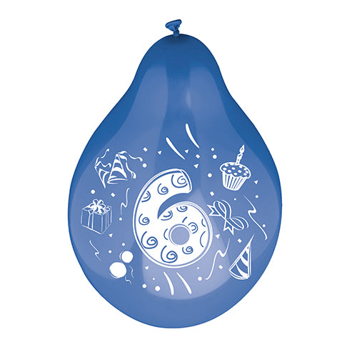 Der Zahlenluftballon (Ø 25 cm, farbig sortiert) der PAPSTAR GmbH besteht aus einer großen weißen Sechs mit festlichen Motiven wie einer Geschenkbox, einer Partymütze, einem Cupcake mit Kerze und Luftschlangen.