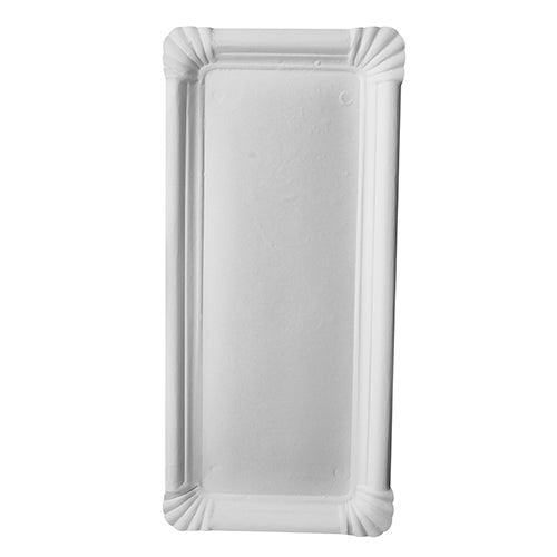 The PAPSTAR 250 plate, cardboard "pure" square white from PAPSTAR GmbH is a rectangular white plate made of eco-friendly virgin fiber board with slightly raised, decorative edges and rounded corners, depicted on a plain background.