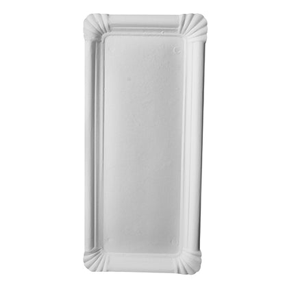 The PAPSTAR 250 plate, cardboard "pure" square white from PAPSTAR GmbH is a rectangular white plate made of eco-friendly virgin fiber board with slightly raised, decorative edges and rounded corners, depicted on a plain background.