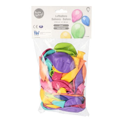 A clear bag from PAPSTAR GmbH contains 50 "Trend" balloons, Ø 25 cm, assorted colors. The party accessory packaging shows balloon images and the word "balloons" in various languages.