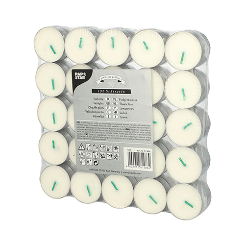 A pack of 50 white PAPSTAR tealights (100% stearin, Ø 37.2 mm, 15.5 mm) from PAPSTAR GmbH - arranged in five rows of ten and packed in plastic with multilingual labels and instructions on the front.