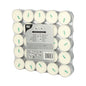 A pack of 50 white PAPSTAR tealights (100% stearin, Ø 37.2 mm, 15.5 mm) from PAPSTAR GmbH - arranged in five rows of ten and packed in plastic with multilingual labels and instructions on the front.