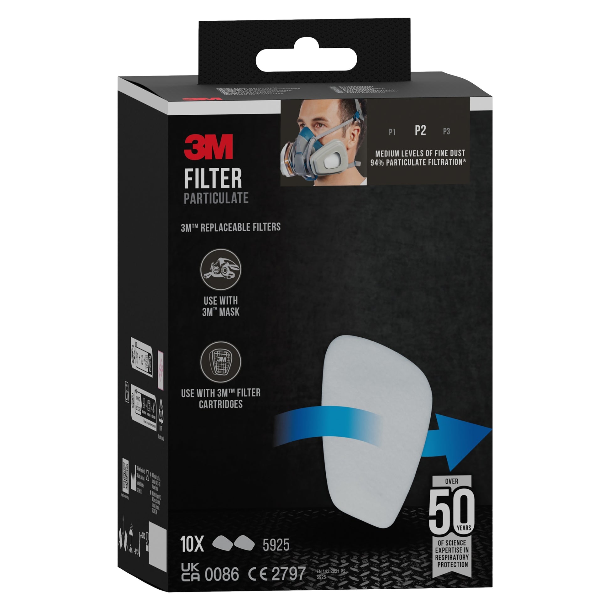 Eine schwarze Schachtel des 3M™ Partikelfilters 5925, P2, 10 Paar/Packung der 3M Deutschland GmbH zeigt Produktbilder, Kompatibilitätssymbole, Anwendungshinweise, "über 50 Jahre Atemschutz", Staubschutz und Angaben zum Partikelfilter P2.