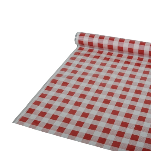 A roll of Starpak tablecloth foil, 50 m x 80 cm in red checkered pattern, is partially unrolled on a flat surface. The material is plastic foil.
