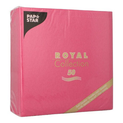 A fuchsia pack of PAPSTAR 50 napkins "ROYAL Collection" 1/4 fold (40 x 40 cm) from PAPSTAR GmbH, shrink-wrapped in plastic for freshness.
