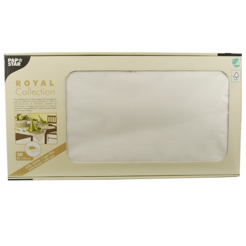 Eine beige Box der PAPSTAR GmbH mit der Aufschrift „ROYAL Collection“ enthält 20 weiße Tissue-Mitteldecken (80 x 80 cm), die teilweise durch ein Frontfenster auf der Verpackung sichtbar sind.