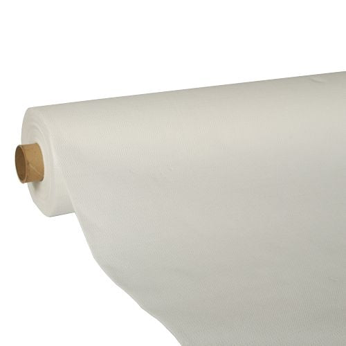 A large roll of tablecloth from PAPSTAR GmbH, tissue "ROYAL Collection", is partially unrolled, revealing the smooth, high-quality white tissue material with a cardboard core. The tablecloth appears plain and patternless.