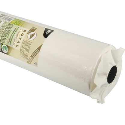 A close-up of a white textured roll of PAPSTAR tablecloth, tissue "ROYAL Collection" from PAPSTAR GmbH, with a partially visible product label wrapped around one end.