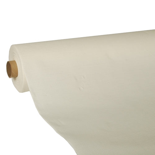 A large roll of cream-colored tablecloth 'ROYAL Collection' by PAPSTAR GmbH, partially unrolled to show the smooth texture and high-quality tissue, is wrapped around a brown cardboard tube.
